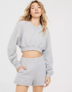 OFFLINE By Aerie Throw-Back Cropped V Neck Sweatshirt